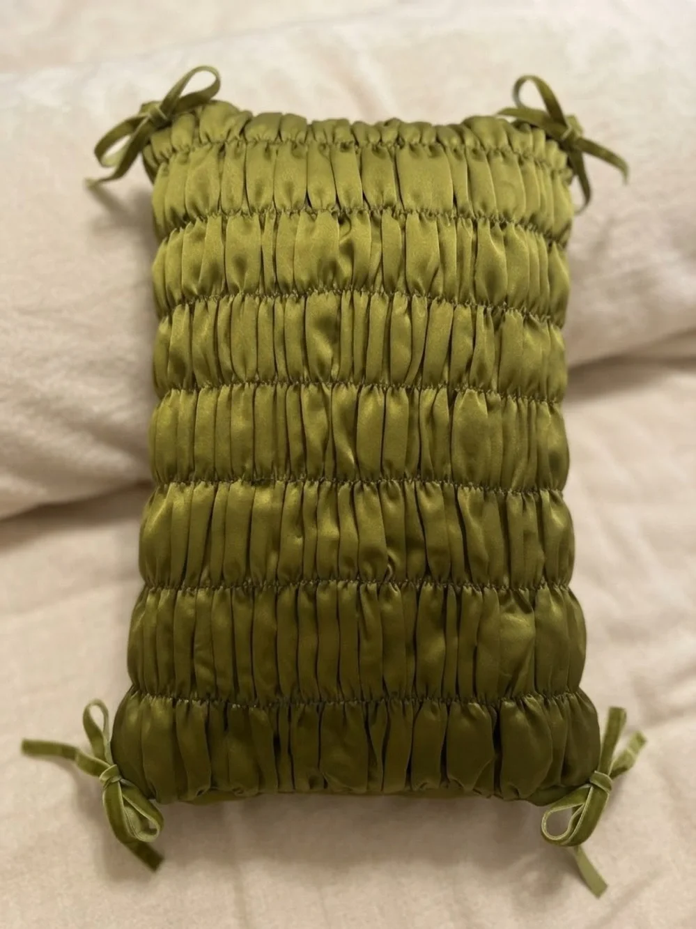 Olive Green Satin Feel Smocked Decorative Pillow with Velvet Corner Ties